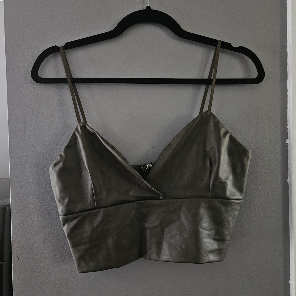 Sleek Olive Green Women's Crop Top- Faux Leather